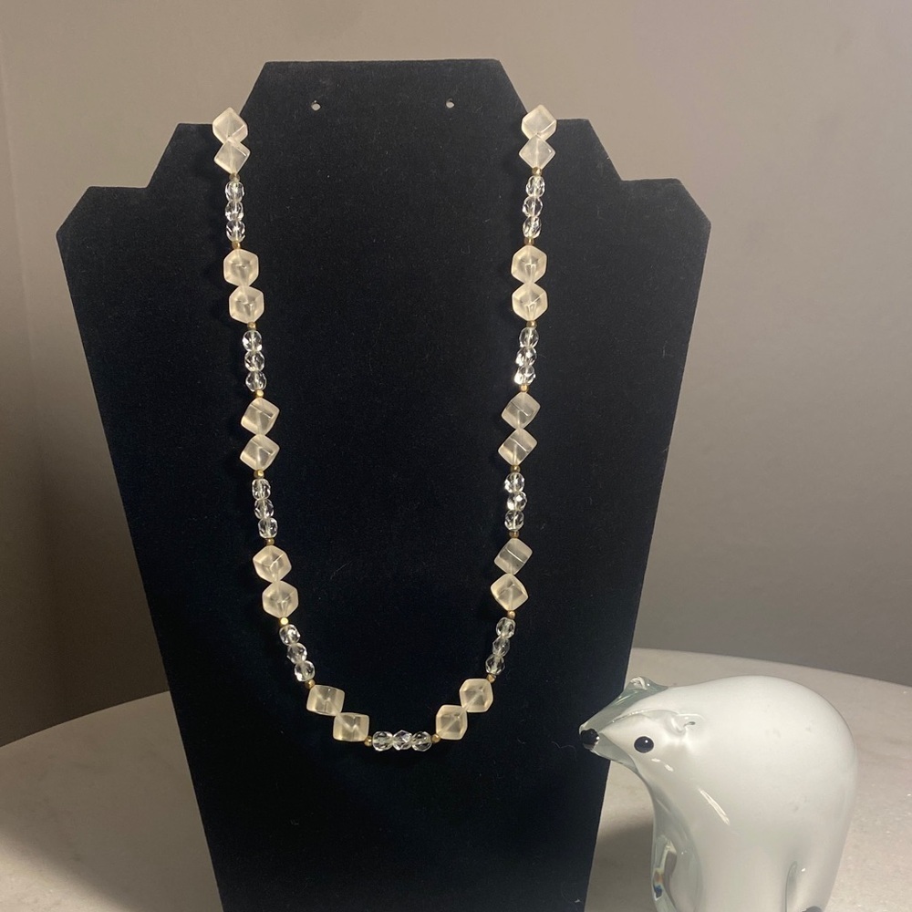 Vintage Frosted Cube & Clear Bead Necklace – 33” – Retro Gold-Tone Accents, 39g